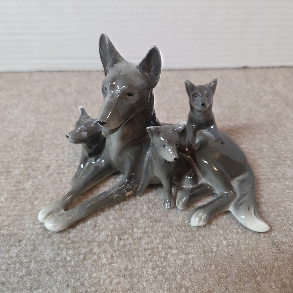 Vintage Germany Porcelain Dog Figurine Mother and 3 Pups Grey Gloss M 691